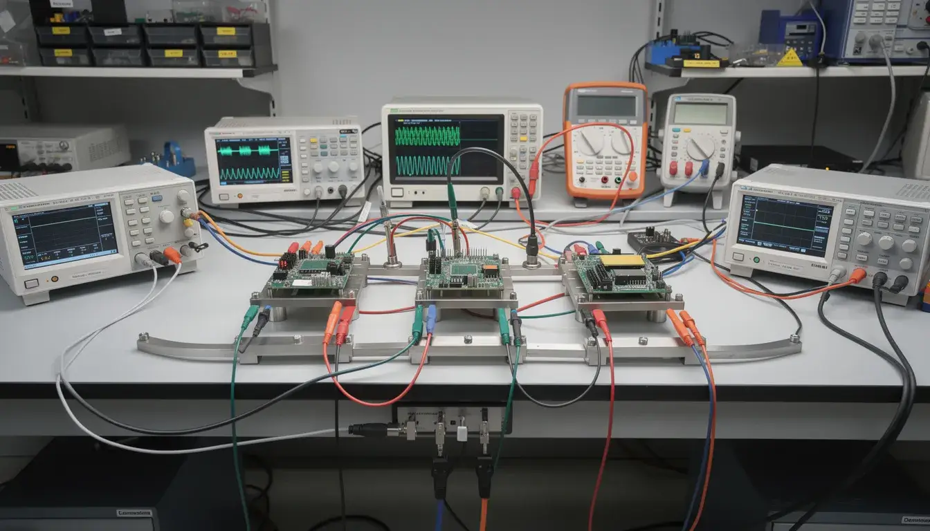 The image depicts a test laboratory setup featuring electronic equipment and measurement instruments arranged on a workbench, with cables connected to grounded test fixtures.